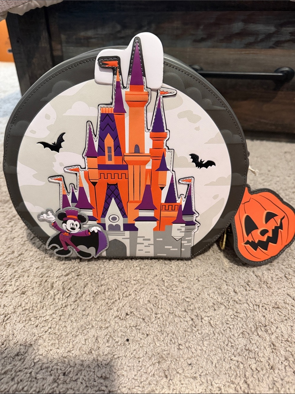 Loungefly MNSSHP Gray Mini Bag with Orange & Purple Spooky Castle